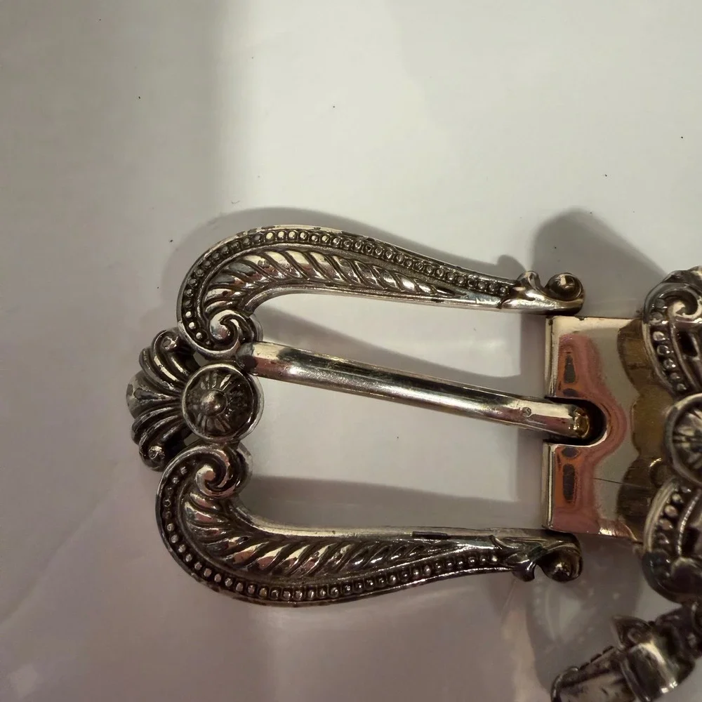 Brighton Black Croc Embossed Leather Belt Silver Heart Charm Buckle Western 34